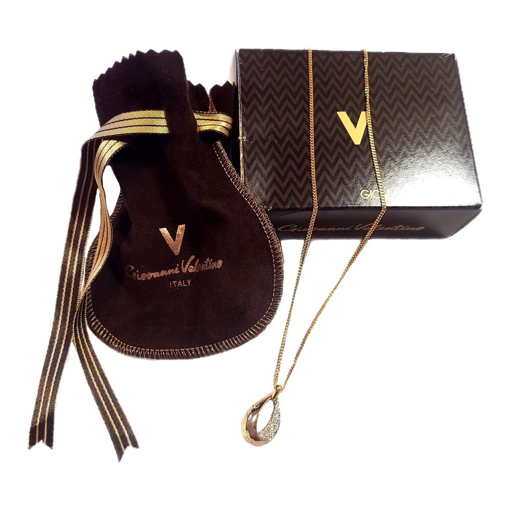 Gianni Valentino NWT Gold Tear Drop Rhinestone Pendant 16" Necklace w/ Box & Bag